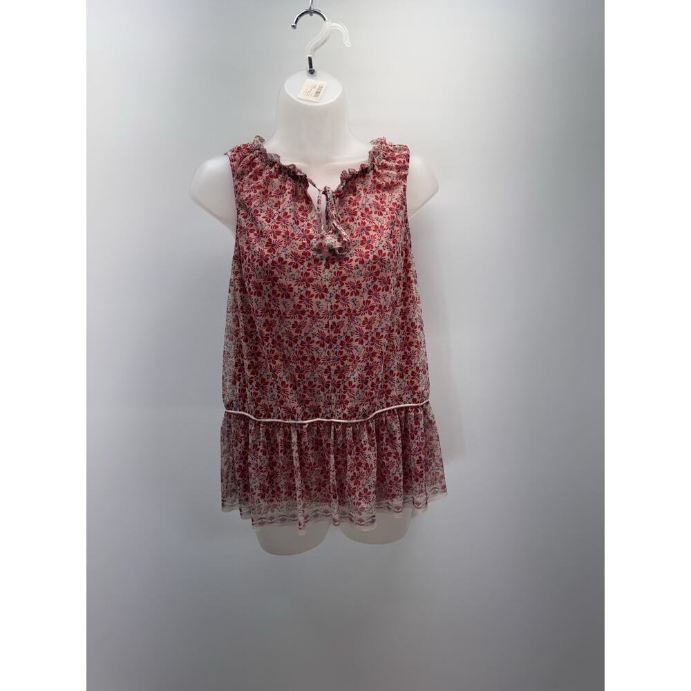 Max Studio Shirt Women’s Medium Red Cream Floral Sleeveless Blouse Casual A Line